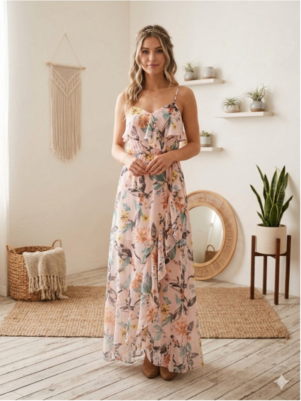 BCBGeneration Pink Floral Ruffle Faux Wrap Maxi Dress Size M Boho Romantic